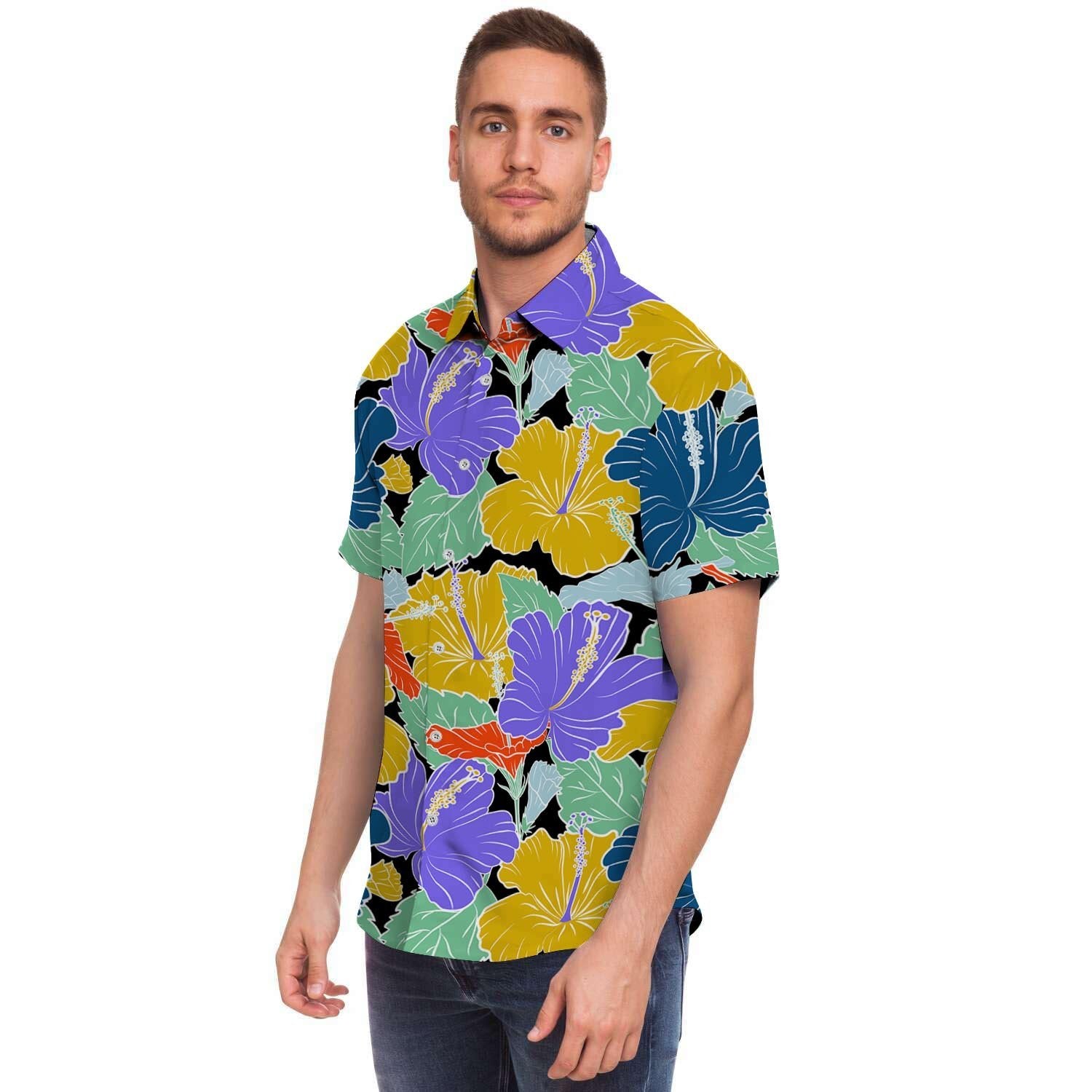 Violet Hibiscus Flower Hawaiian Print Men's Short Sleeve Shirt-grizzshop