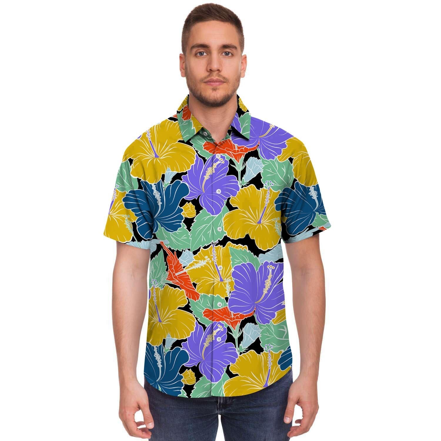 Violet Hibiscus Flower Hawaiian Print Men's Short Sleeve Shirt-grizzshop