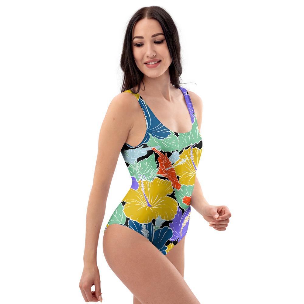 Violet Hibiscus Flower Hawaiian Print One Piece Swimsuite-grizzshop