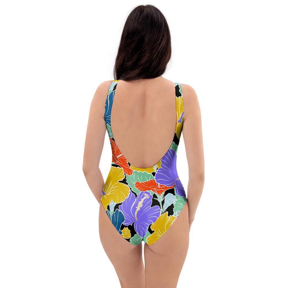 Violet Hibiscus Flower Hawaiian Print One Piece Swimsuite-grizzshop