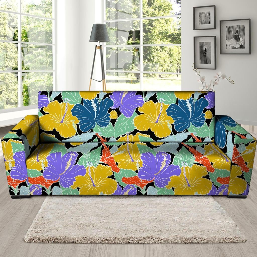 Violet Hibiscus Flower Hawaiian Print Sofa Cover-grizzshop