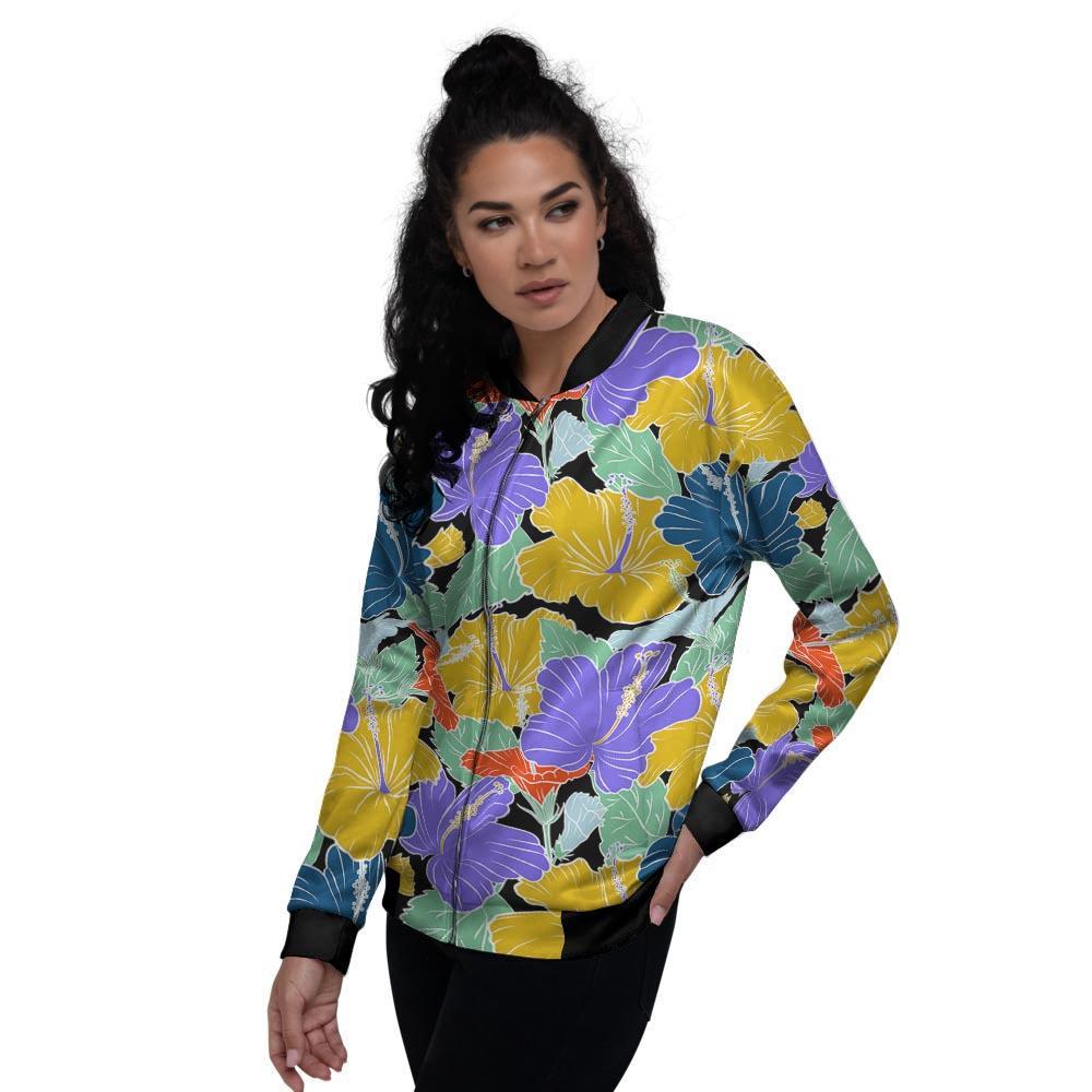 Violet Hibiscus Flower Hawaiian Print Women's Bomber Jacket-grizzshop