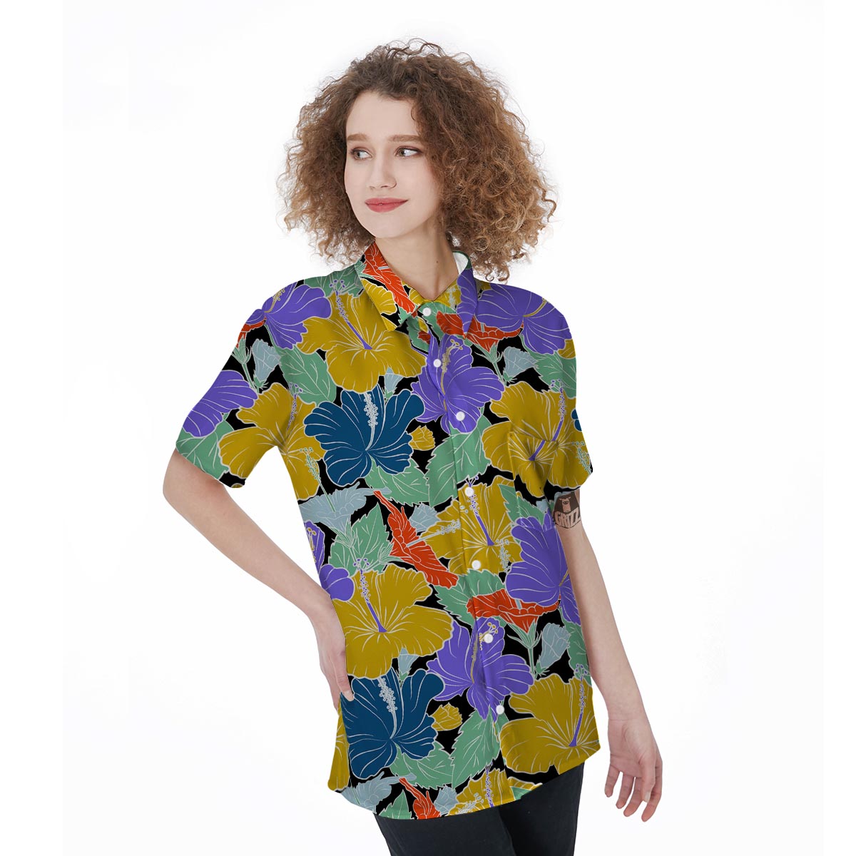Violet Hibiscus Flower Hawaiian Print Women's Short Sleeve Shirts-grizzshop