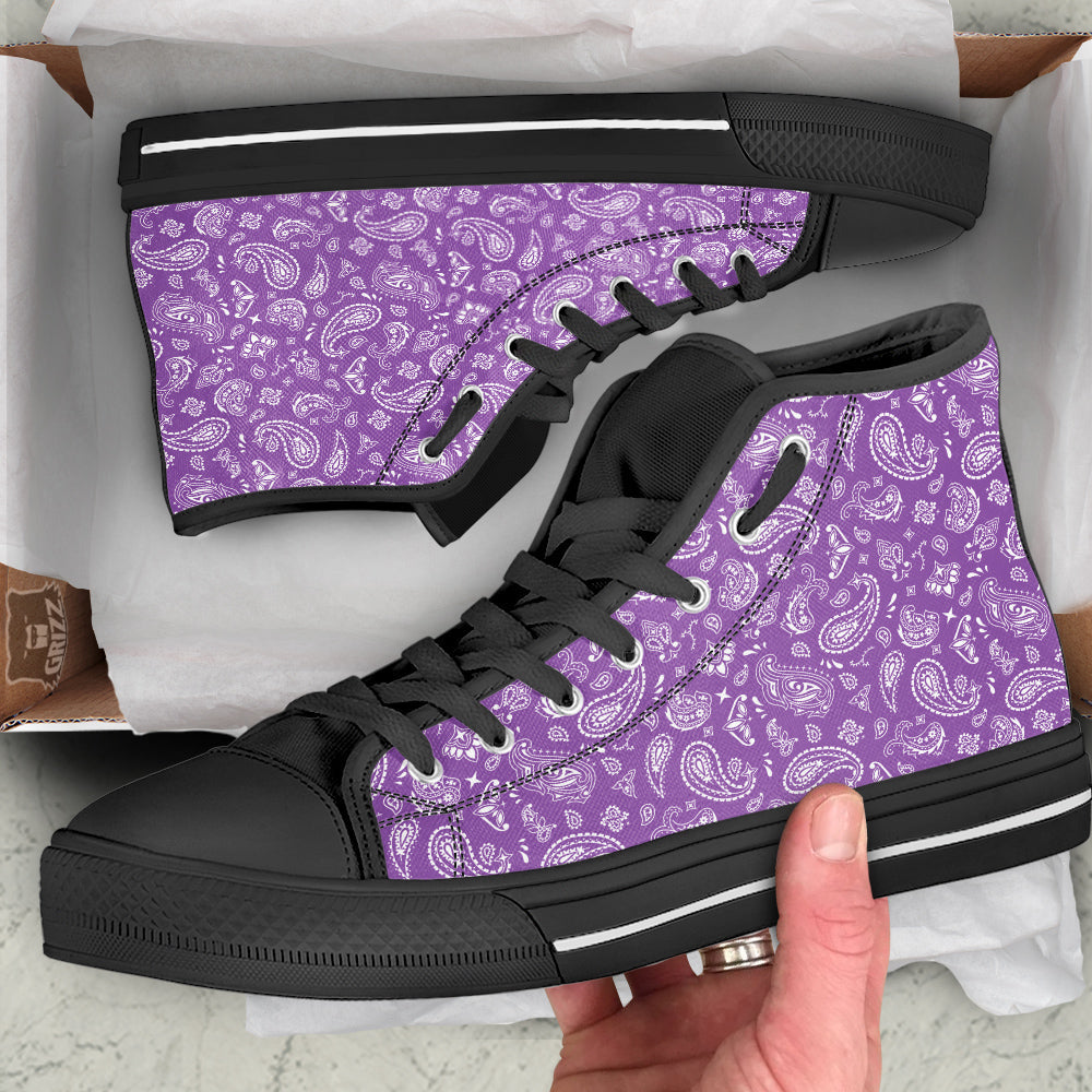 Violet Paisley Bandana Print Black High Top Shoes-grizzshop
