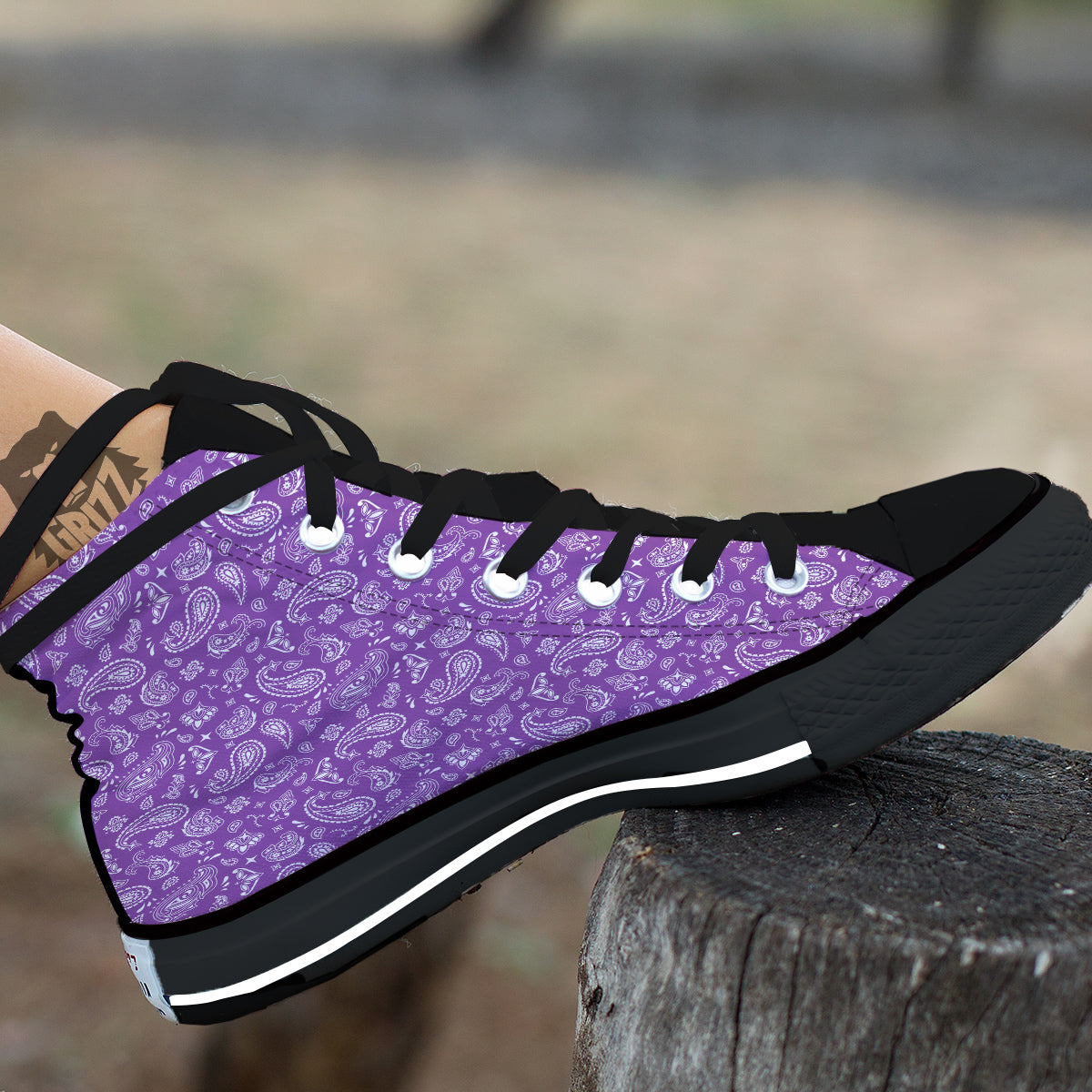 Violet Paisley Bandana Print Black High Top Shoes-grizzshop