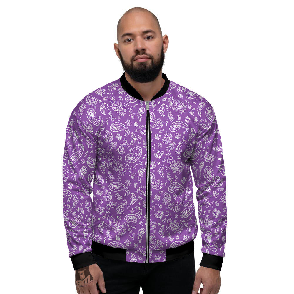 Violet Paisley Bandana Print Men's Bomber Jacket-grizzshop