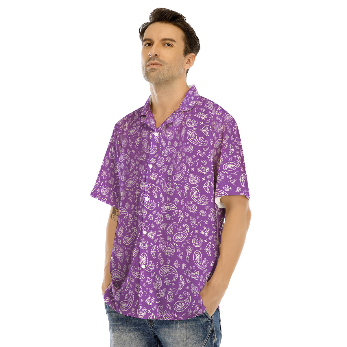 Violet Paisley Bandana Print Men’s Hawaiian Shirt-grizzshop