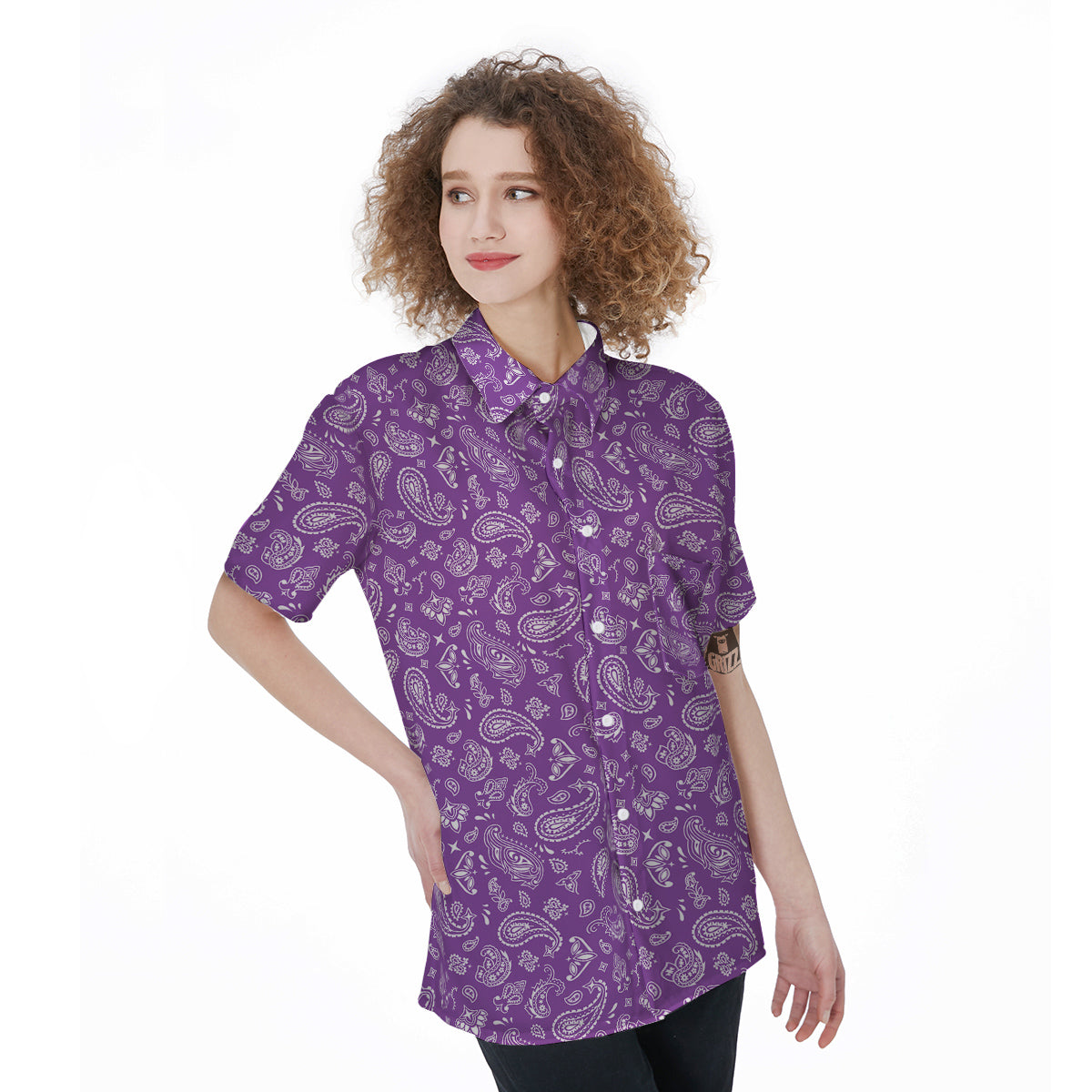 Violet Paisley Bandana Print Women's Short Sleeve Shirts-grizzshop