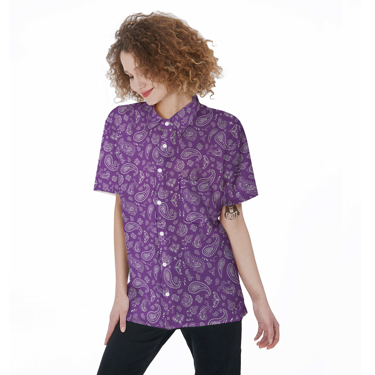 Violet Paisley Bandana Print Women's Short Sleeve Shirts-grizzshop