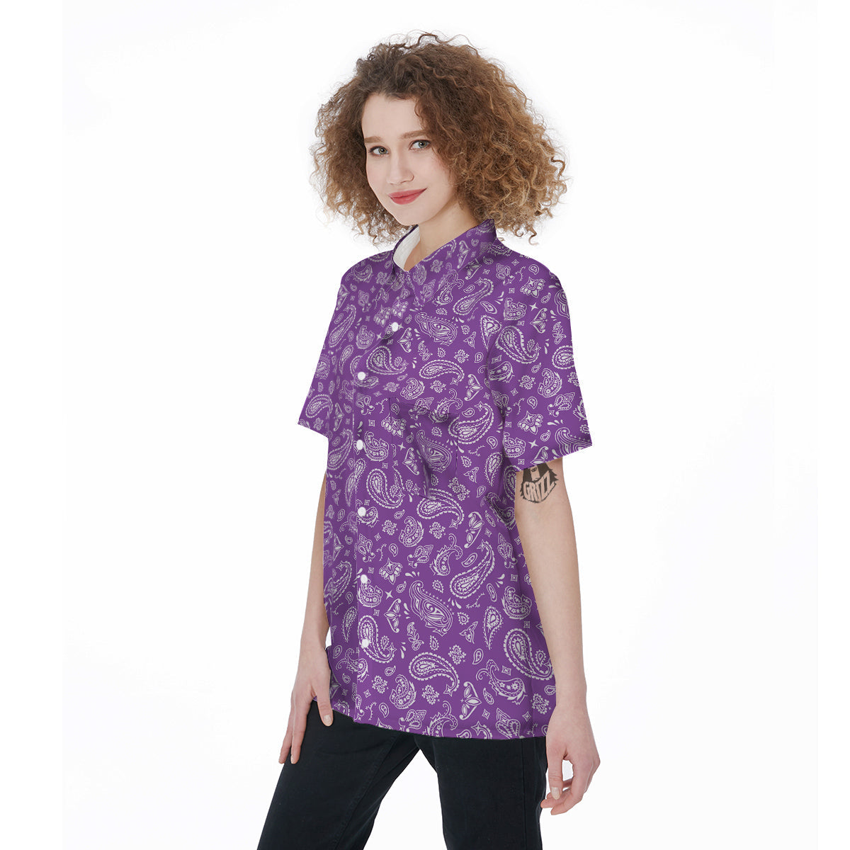 Violet Paisley Bandana Print Women's Short Sleeve Shirts-grizzshop