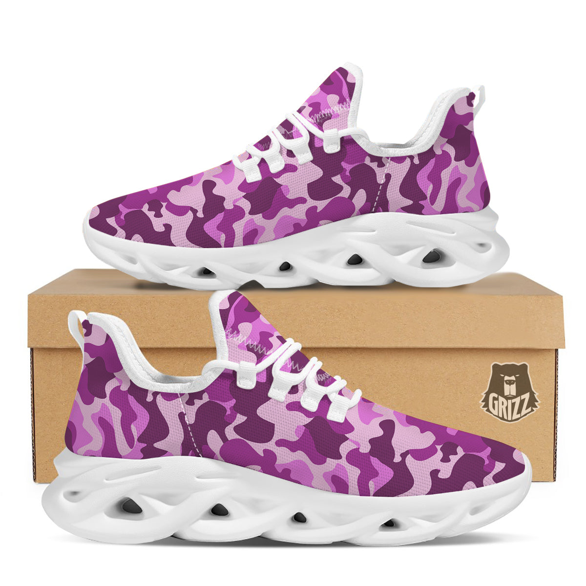 Violet Purple Camo And Camouflage Print White Running Shoes-grizzshop
