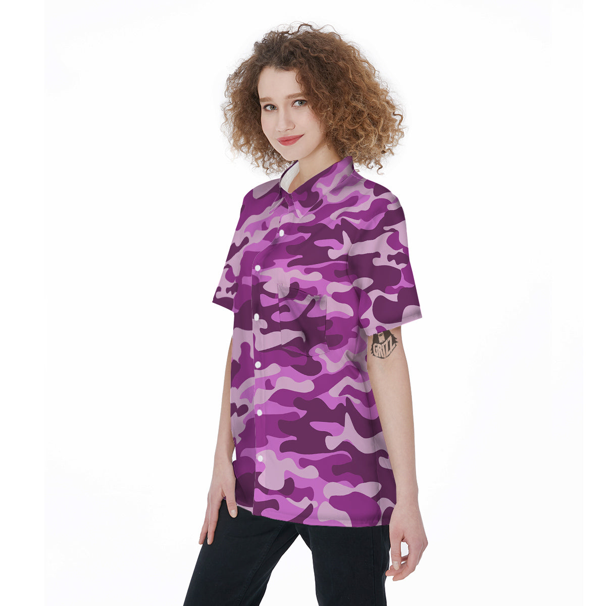 Violet Purple Camo And Camouflage Print Women's Short Sleeve Shirts-grizzshop