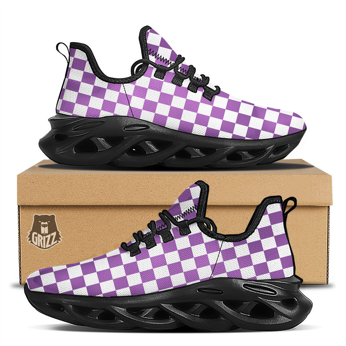 Violet Purple Checkered Flag Print Black Running Shoes-grizzshop