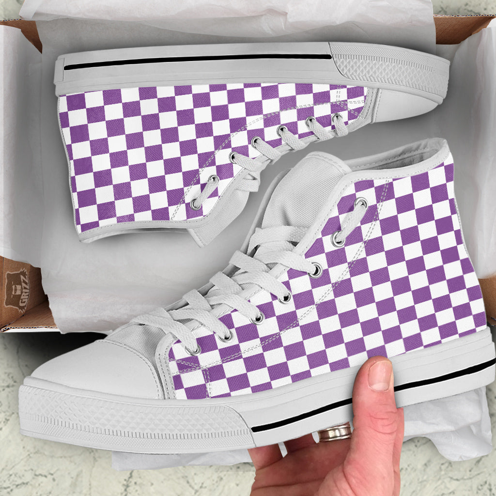 Violet Purple Checkered Flag Print White High Top Shoes-grizzshop