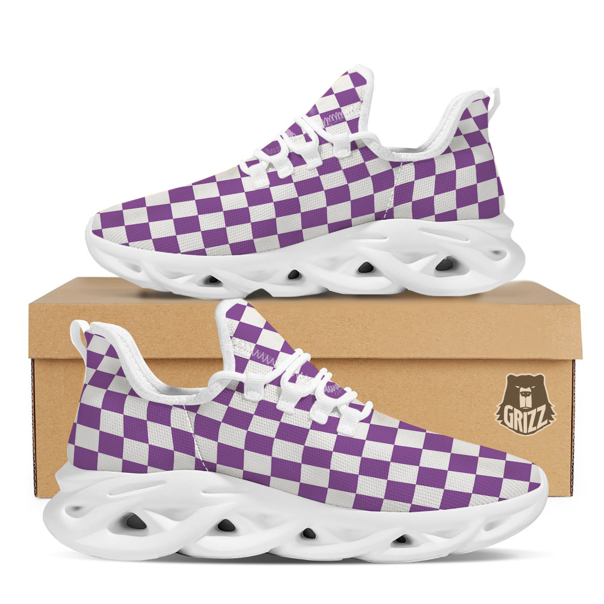 Violet Purple Checkered Flag Print White Running Shoes-grizzshop