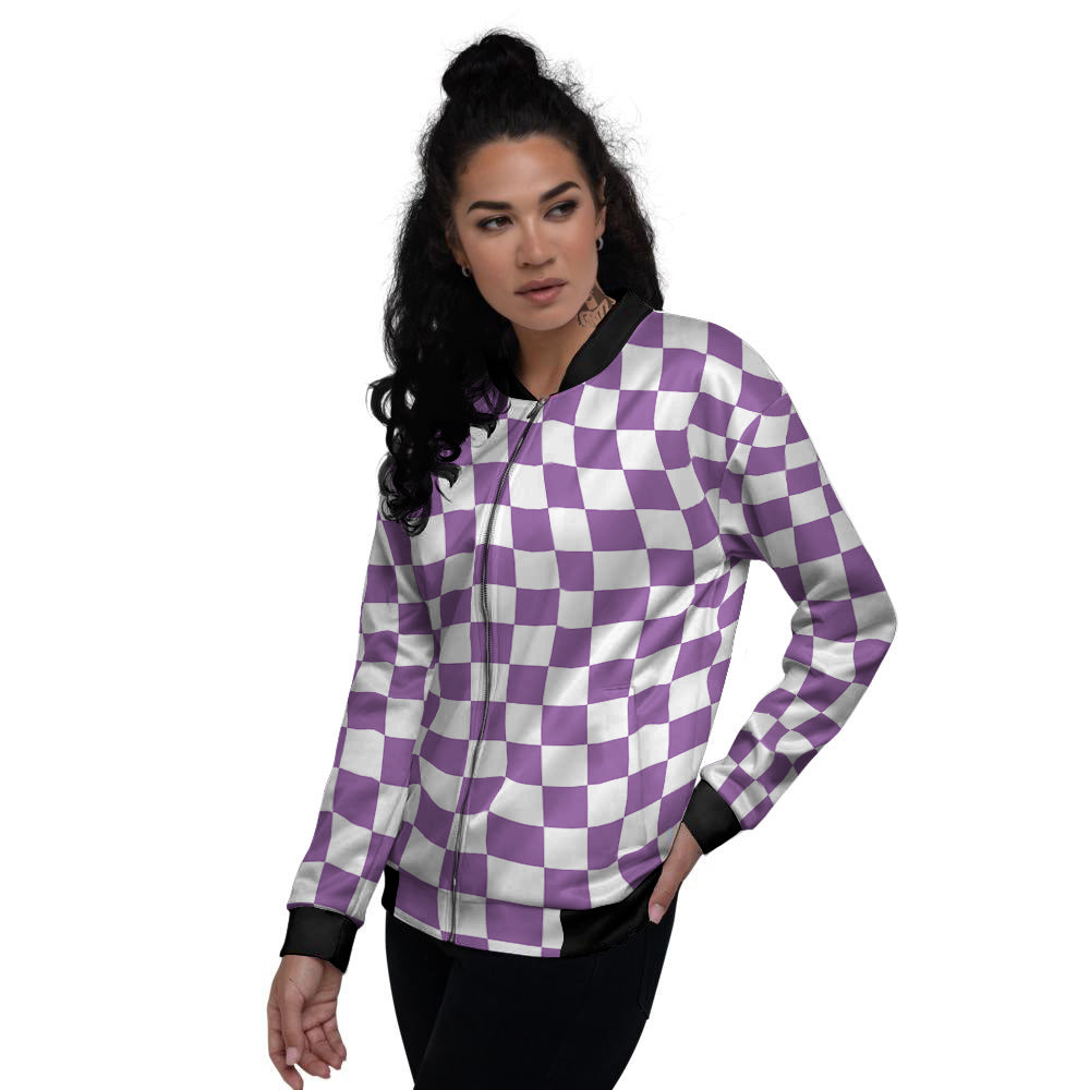 Violet Purple Checkered Flag Print Women's Bomber Jacket-grizzshop