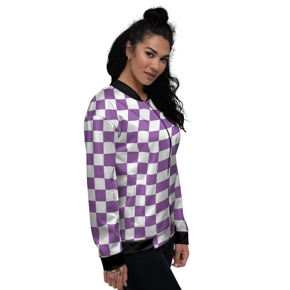 Violet Purple Checkered Flag Print Women's Bomber Jacket-grizzshop