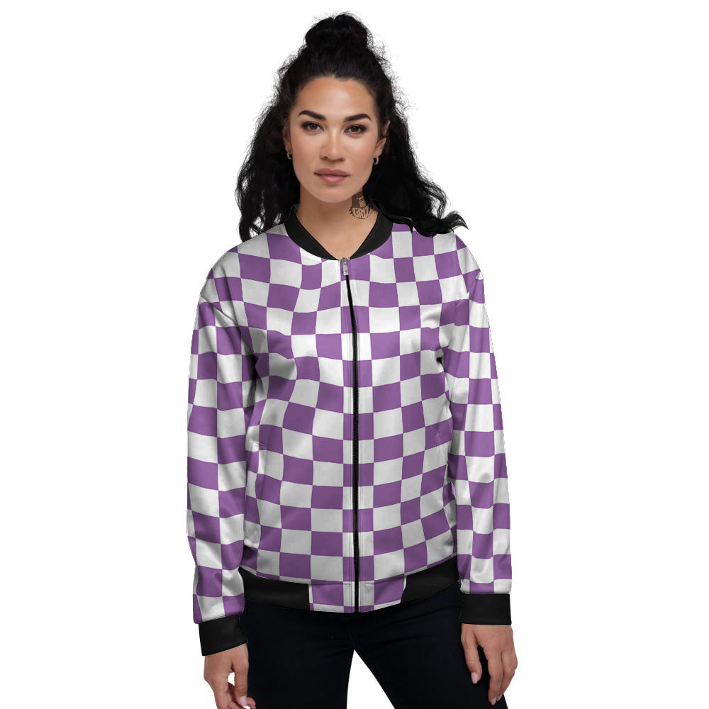 Violet Purple Checkered Flag Print Women's Bomber Jacket-grizzshop