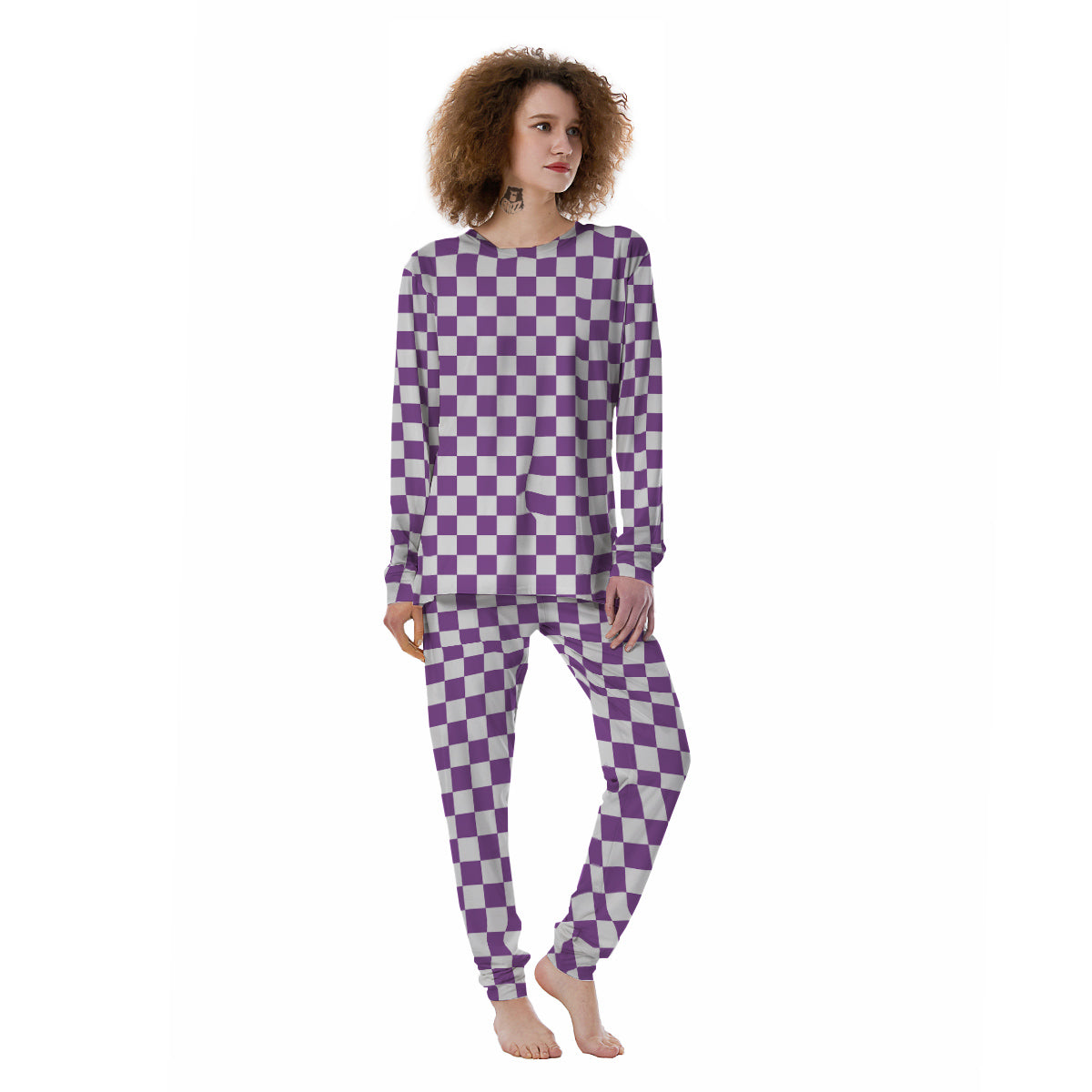 Violet Purple Checkered Flag Print Women's Pajamas-grizzshop