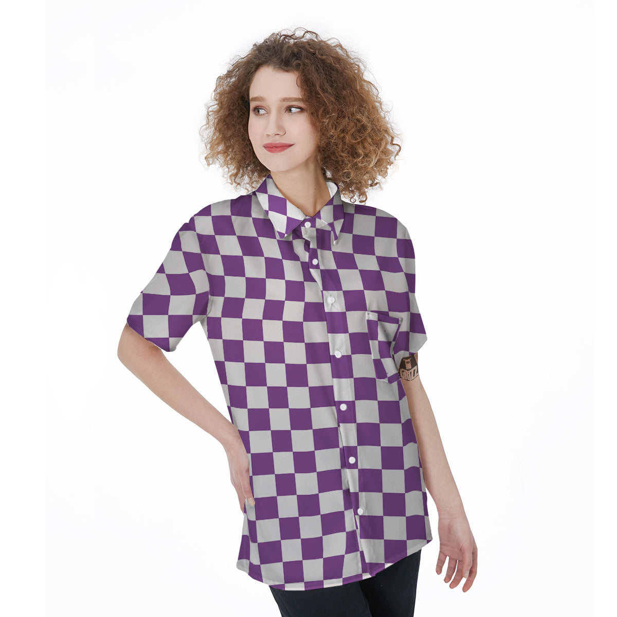 Violet Purple Checkered Flag Print Women's Short Sleeve Shirts-grizzshop