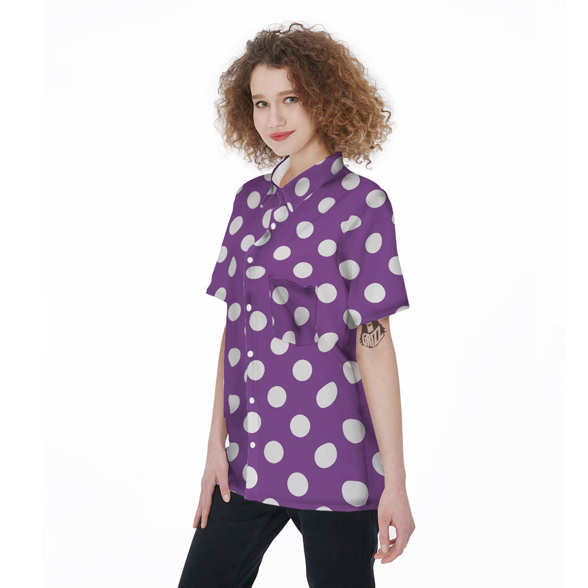 Violet Purple Color Polka Dot Print Pattern Women's Short Sleeve Shirts-grizzshop