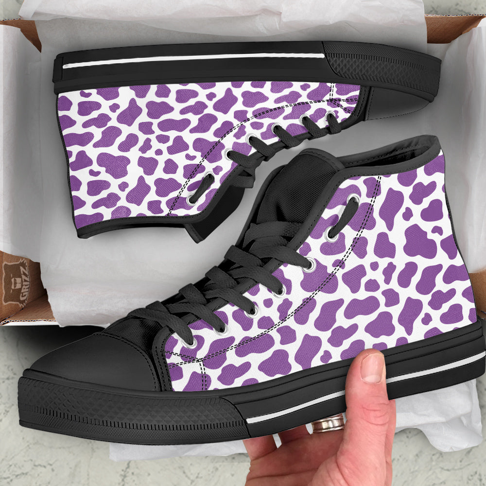 Violet Purple Cow Print Pattern Black High Top Shoes-grizzshop