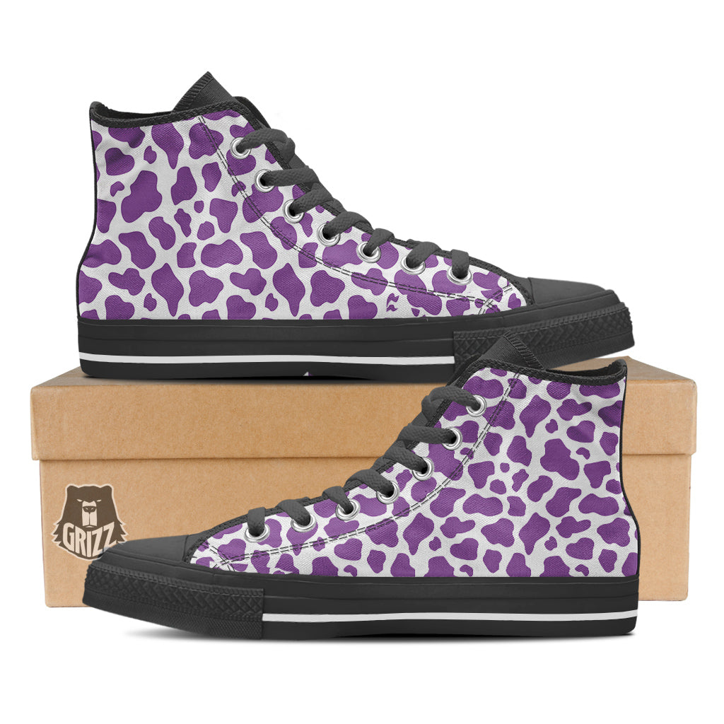 Violet Purple Cow Print Pattern Black High Top Shoes-grizzshop