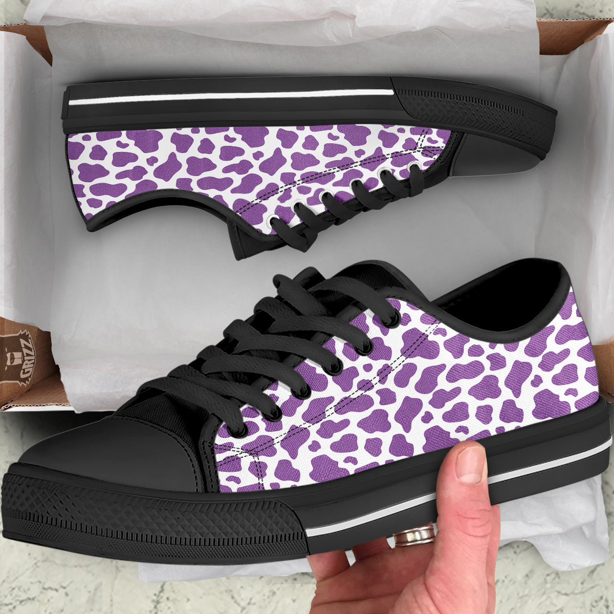 Violet Purple Cow Print Pattern Black Low Top Shoes-grizzshop