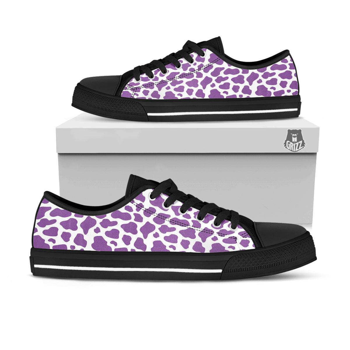Violet Purple Cow Print Pattern Black Low Top Shoes-grizzshop