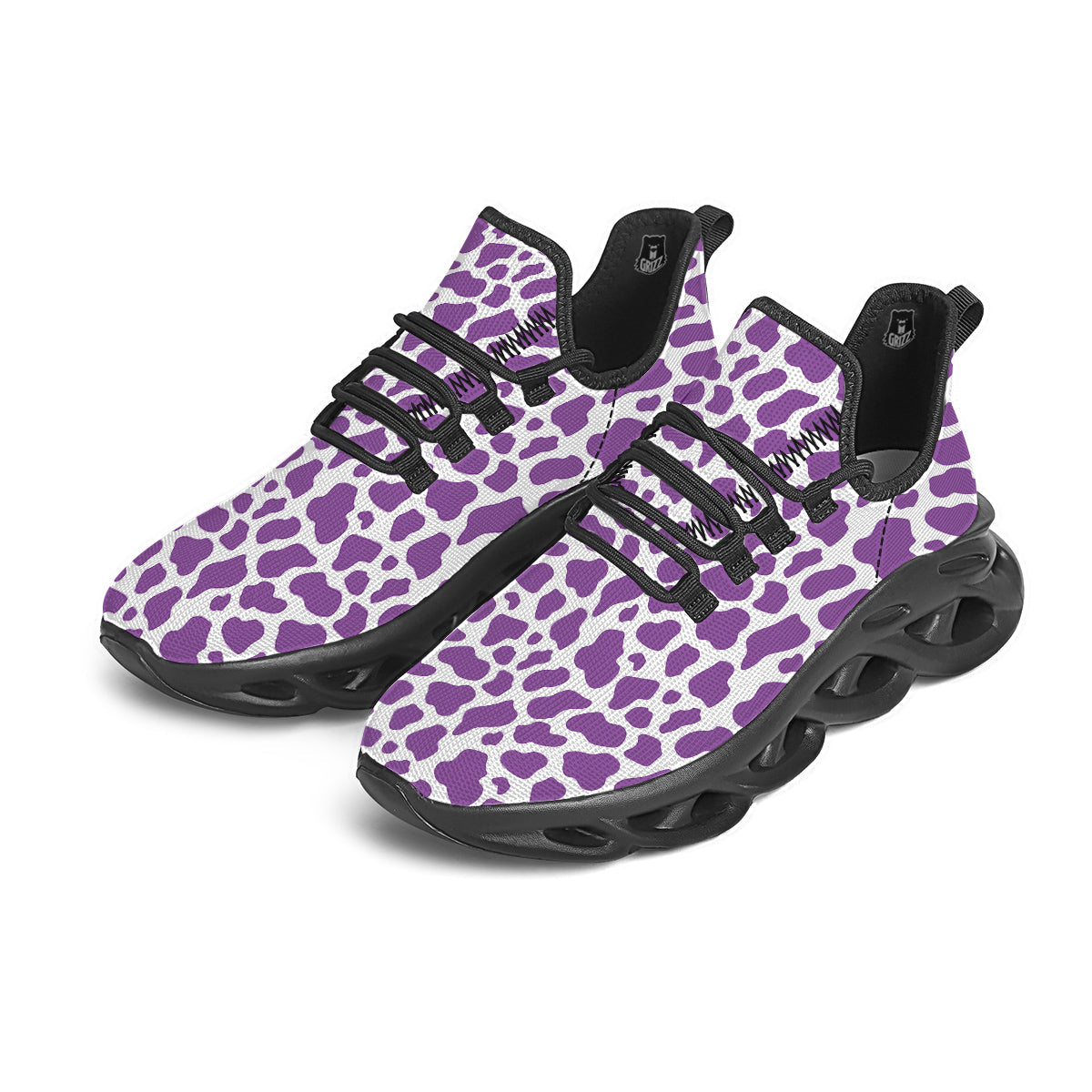 Violet Purple Cow Print Pattern Black Running Shoes-grizzshop