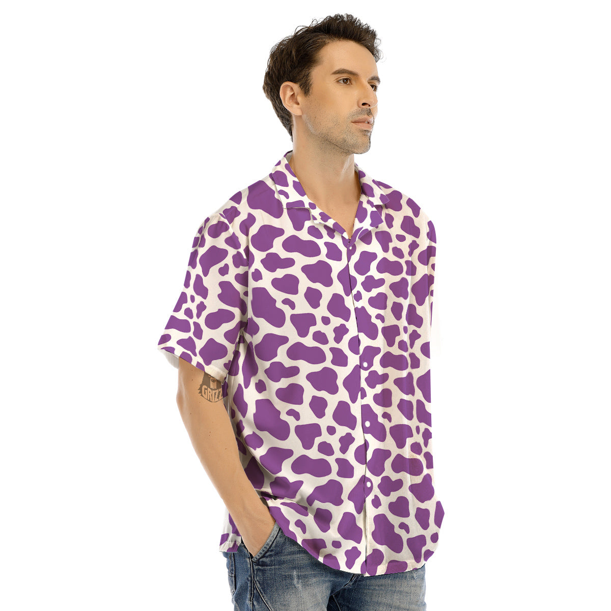 Violet Purple Cow Print Pattern Men’s Hawaiian Shirt-grizzshop
