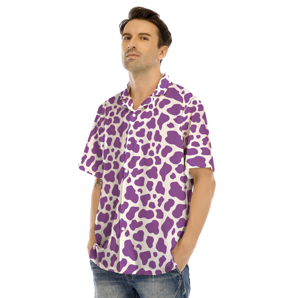 Violet Purple Cow Print Pattern Men’s Hawaiian Shirt-grizzshop