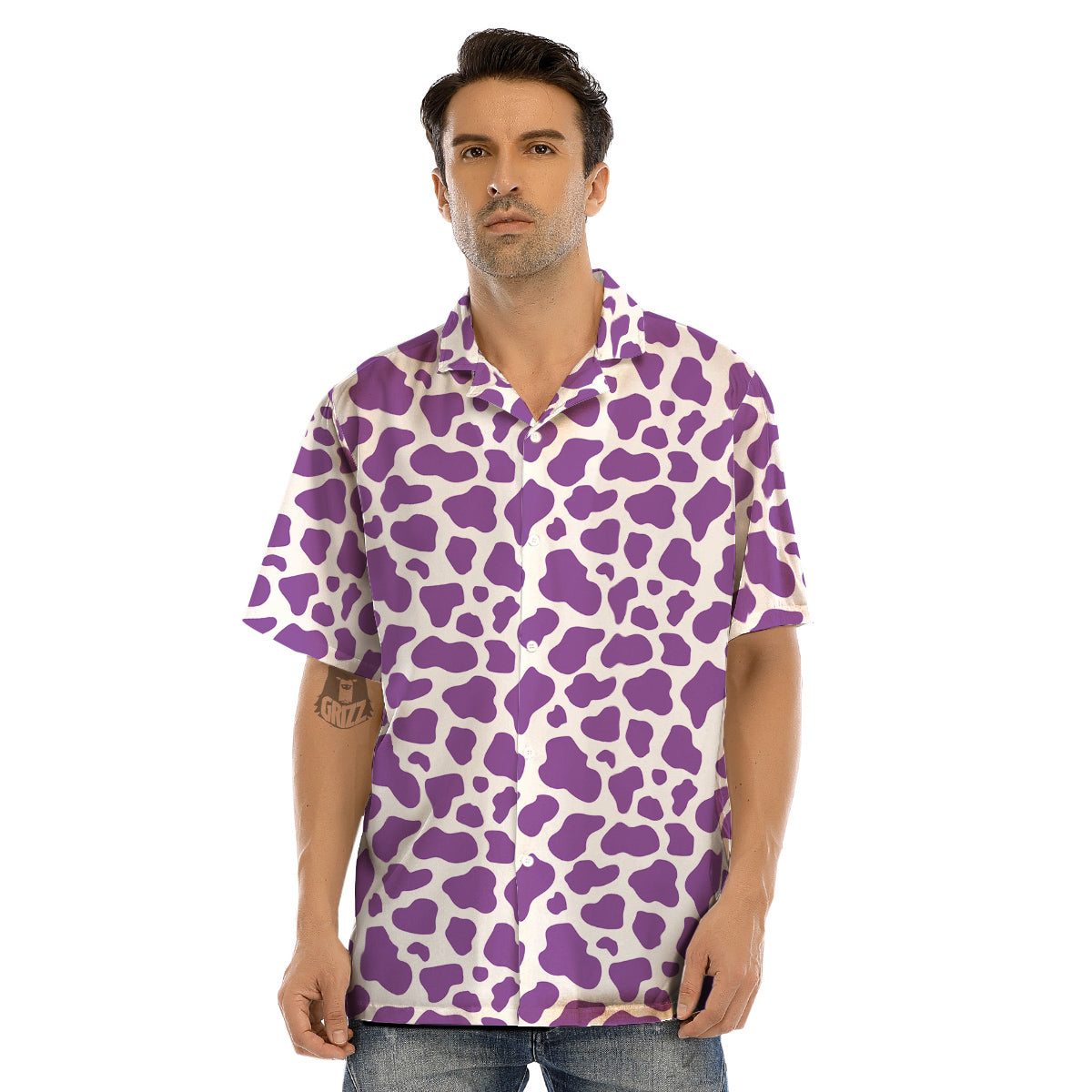 Violet Purple Cow Print Pattern Men’s Hawaiian Shirt-grizzshop