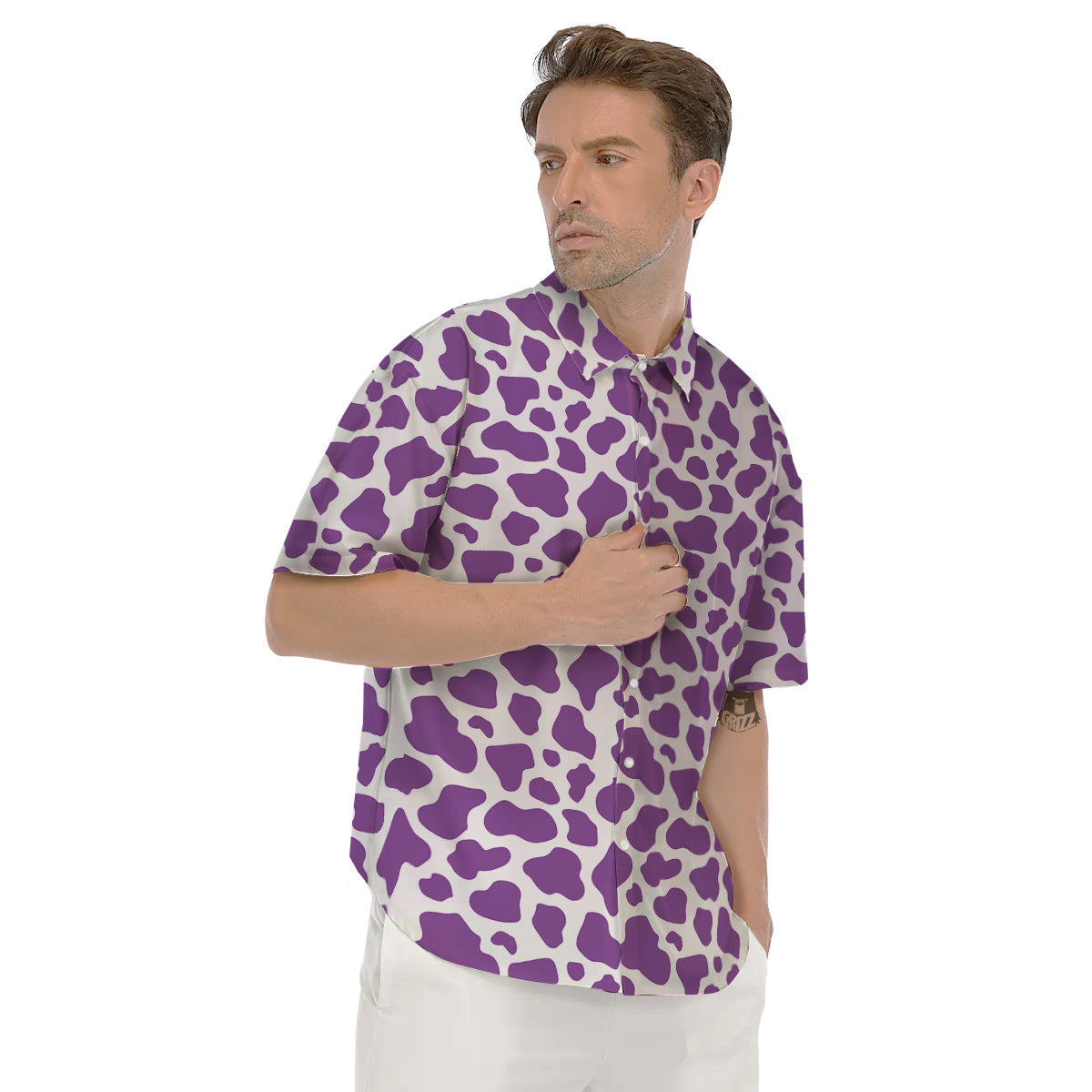 Violet Purple Cow Print Pattern Men's Short Sleeve Shirts-grizzshop