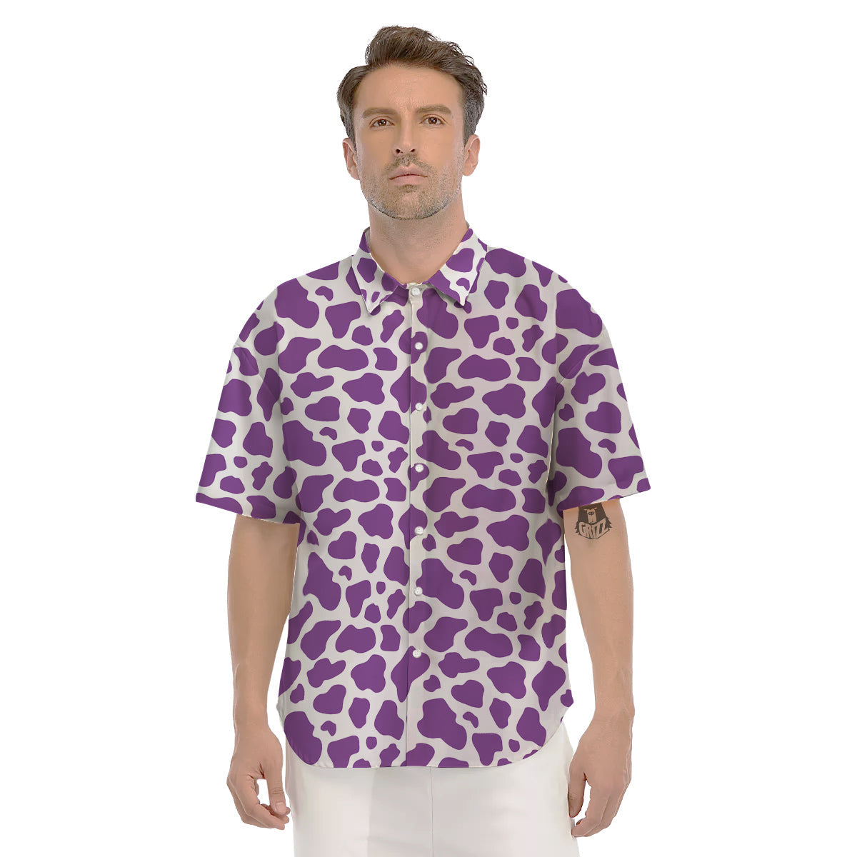 Violet Purple Cow Print Pattern Men's Short Sleeve Shirts-grizzshop