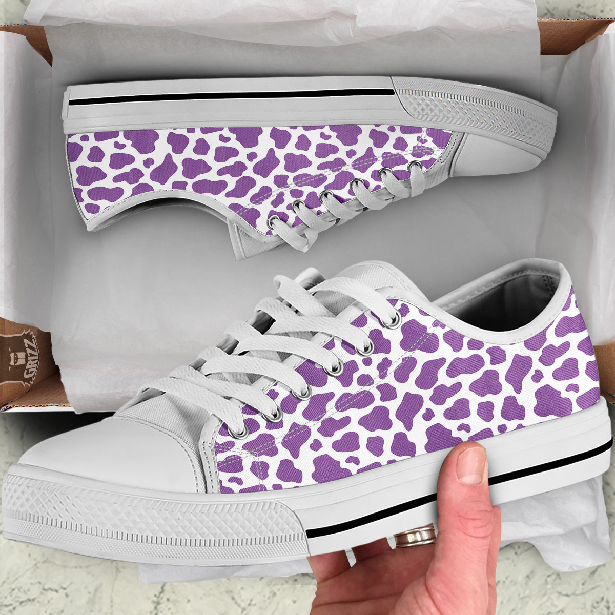 Violet Purple Cow Print Pattern White Low Top Shoes-grizzshop