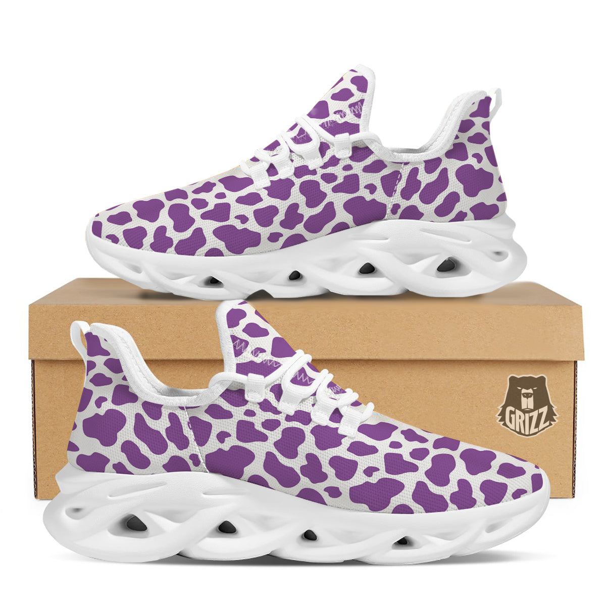 Violet Purple Cow Print Pattern White Running Shoes-grizzshop