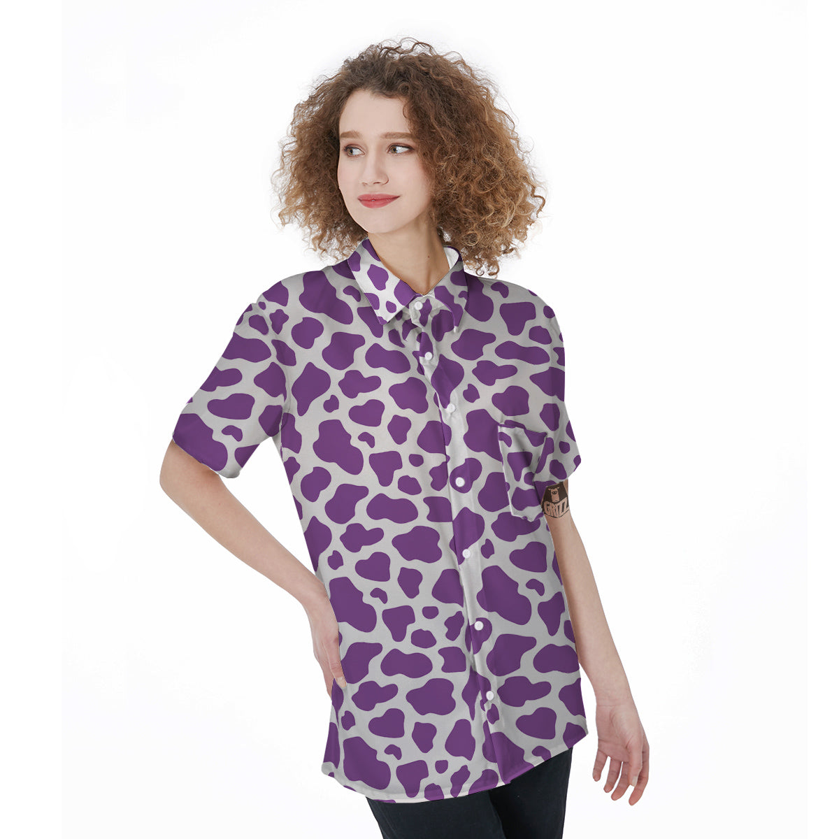 Violet Purple Cow Print Pattern Women's Short Sleeve Shirts-grizzshop