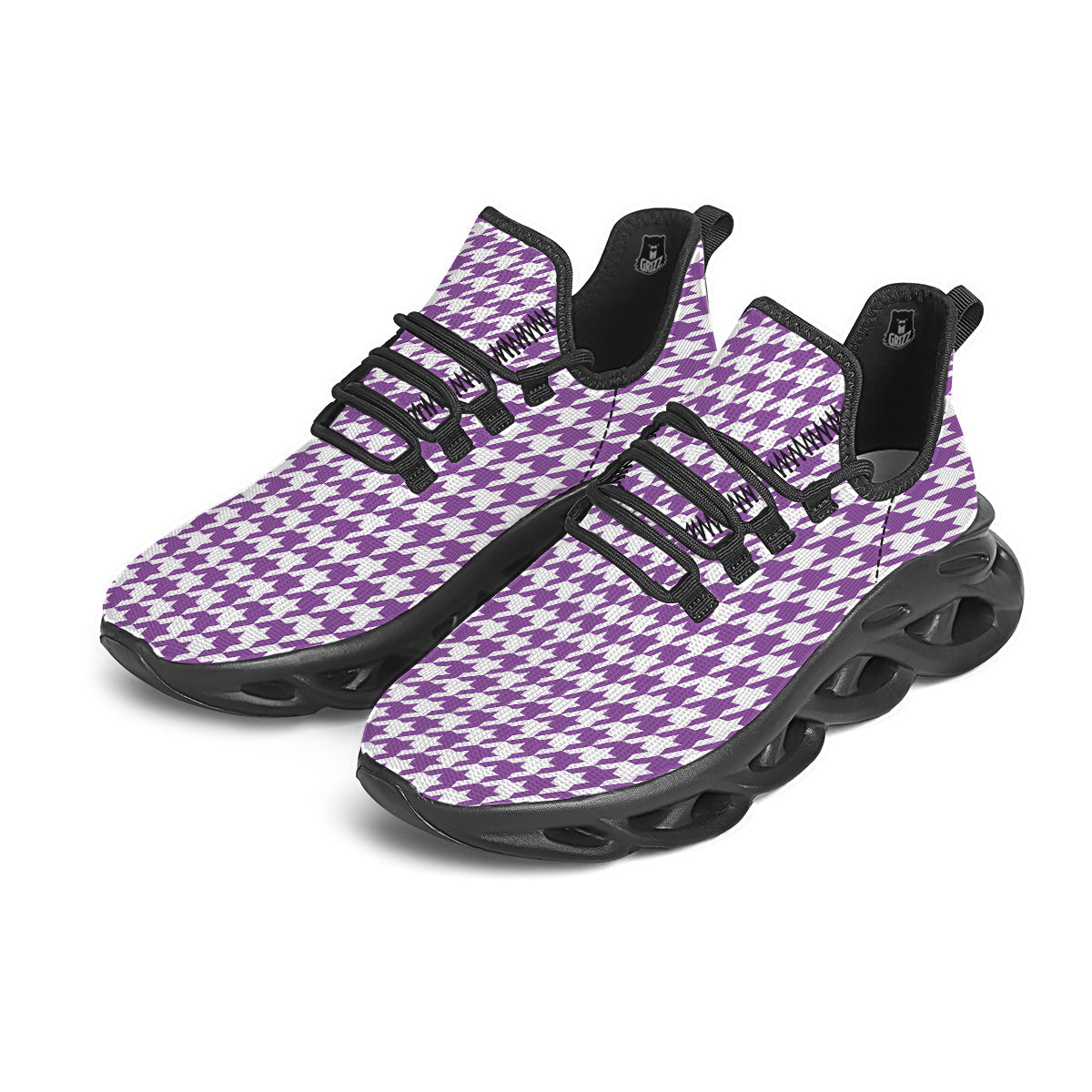 Violet Purple Houndstooth Print Black Running Shoes-grizzshop