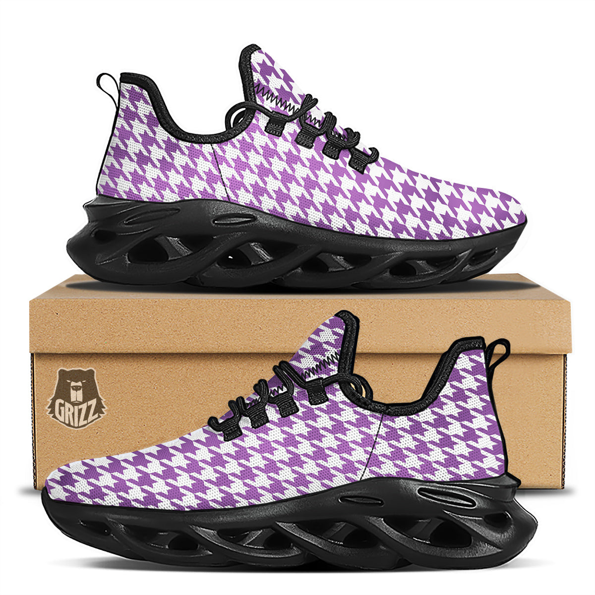 Violet Purple Houndstooth Print Black Running Shoes-grizzshop