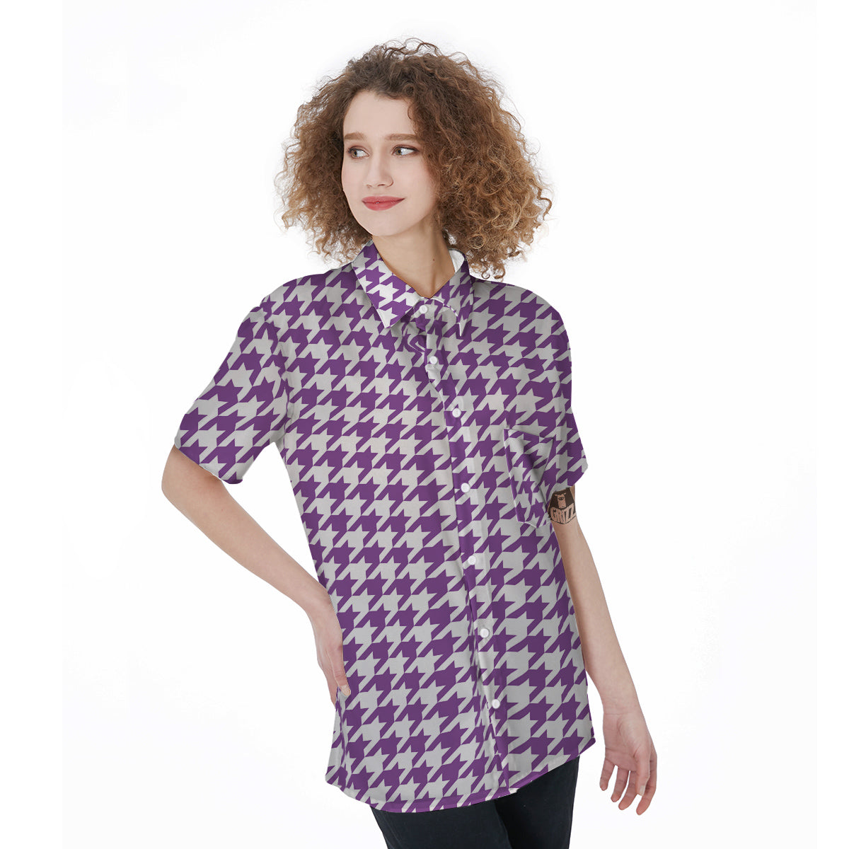 Violet Purple Houndstooth Print Women's Short Sleeve Shirts-grizzshop