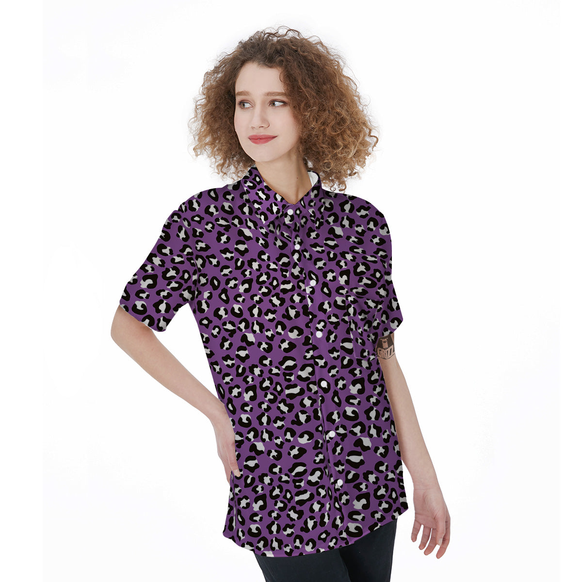 Violet Purple Leopard Print Pattern Women's Short Sleeve Shirts-grizzshop