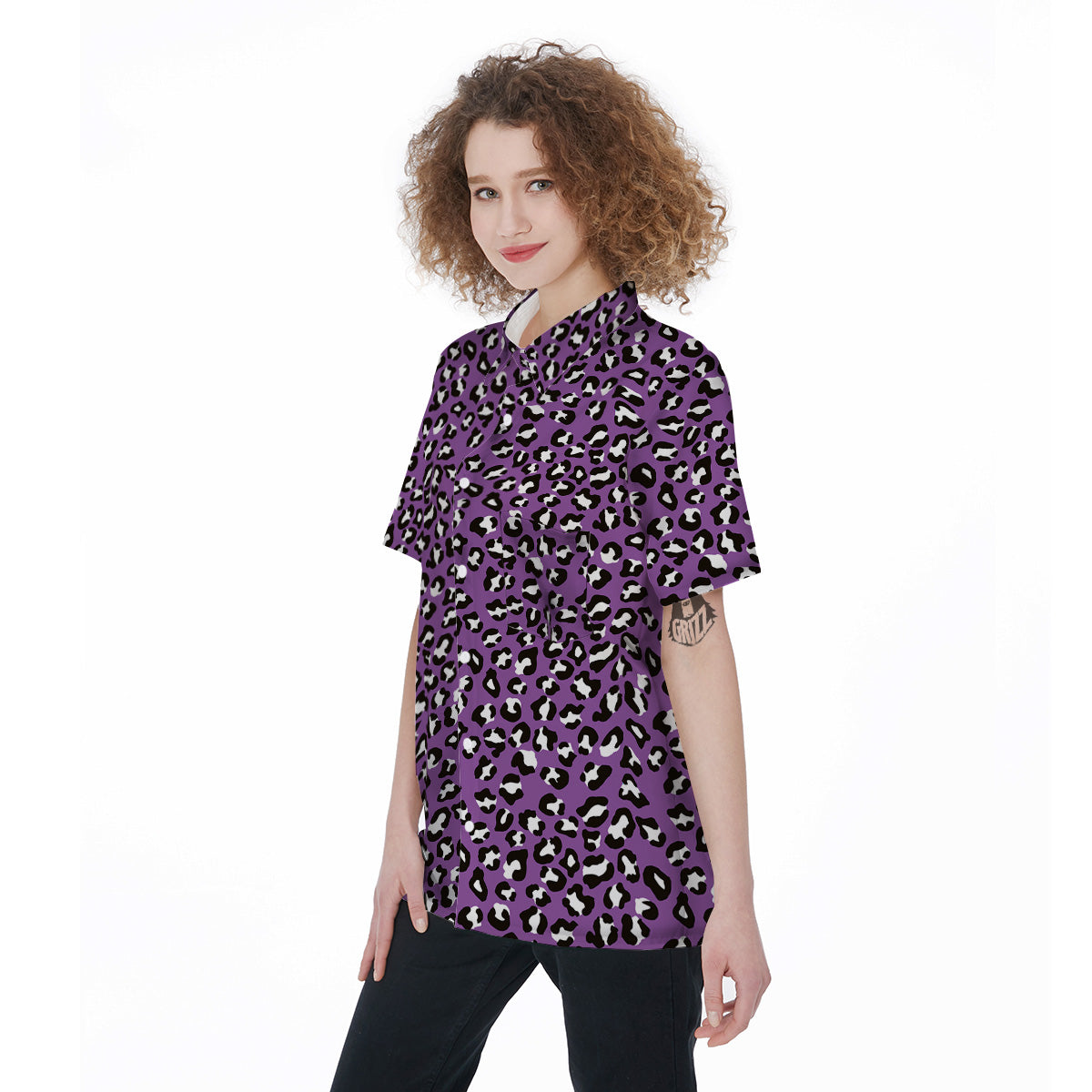 Violet Purple Leopard Print Pattern Women's Short Sleeve Shirts-grizzshop