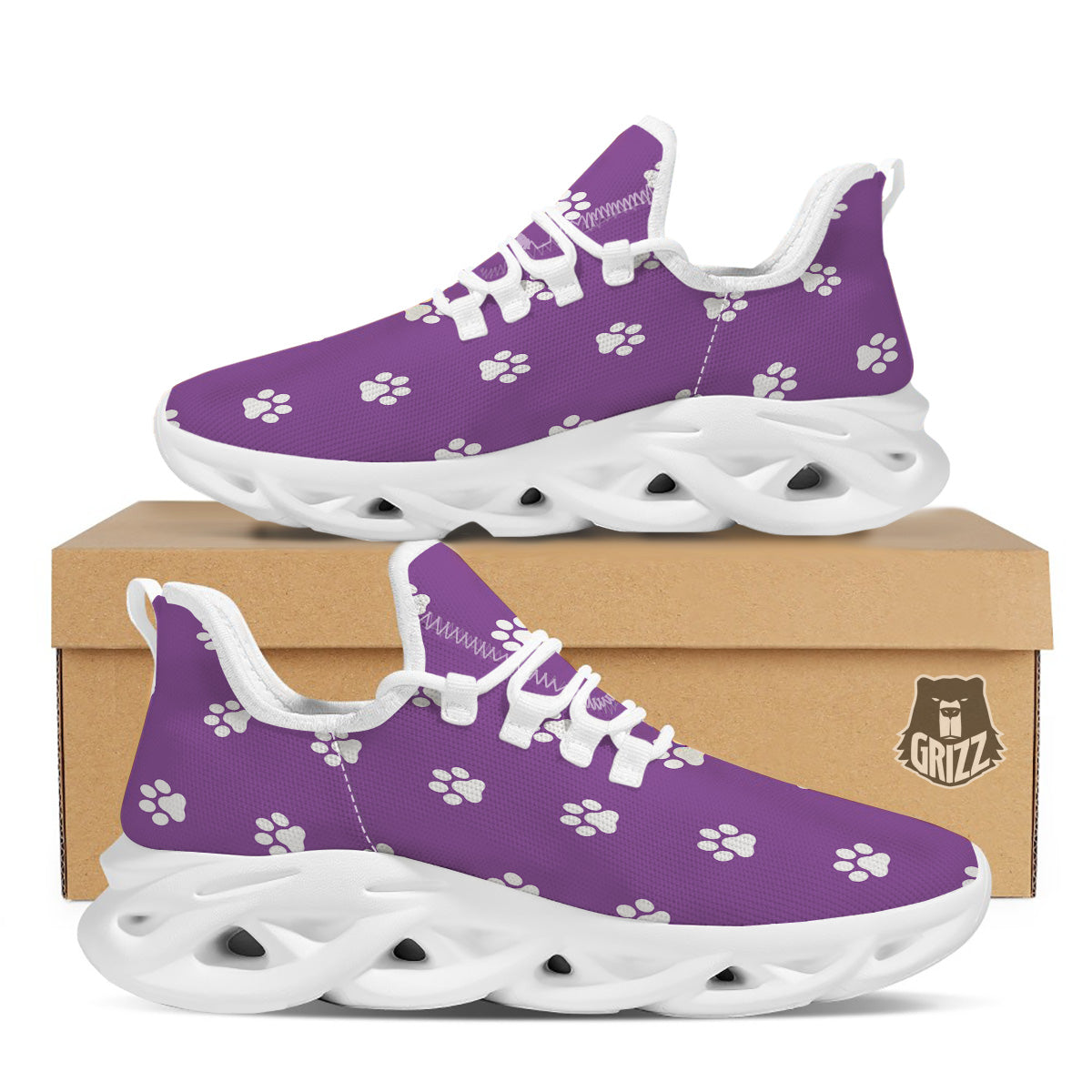 Violet Purple Paw Print White Running Shoes-grizzshop