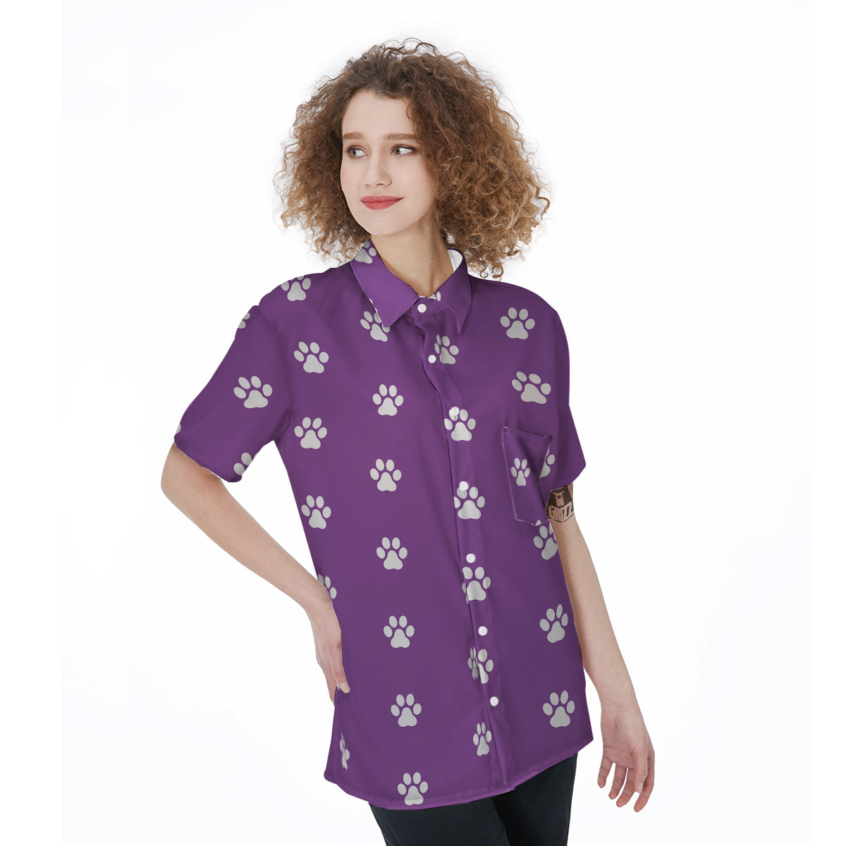 Violet Purple Paw Print Women's Short Sleeve Shirts-grizzshop