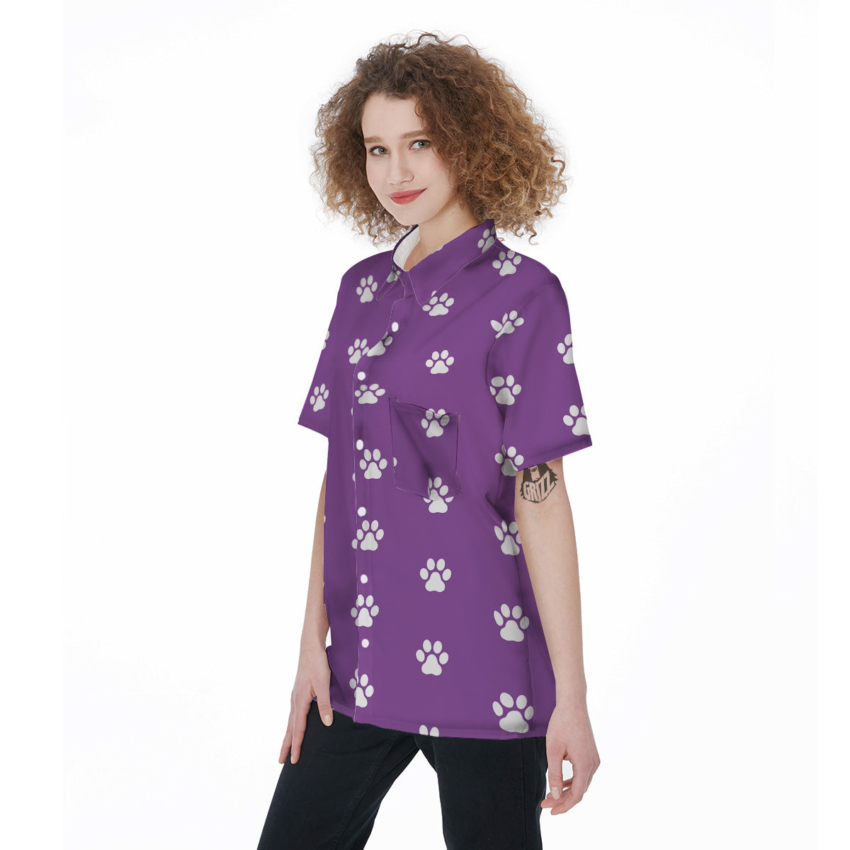 Violet Purple Paw Print Women's Short Sleeve Shirts-grizzshop
