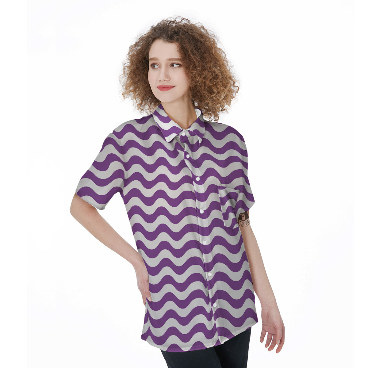 Violet Purple Wave Striped Print Women's Short Sleeve Shirts-grizzshop