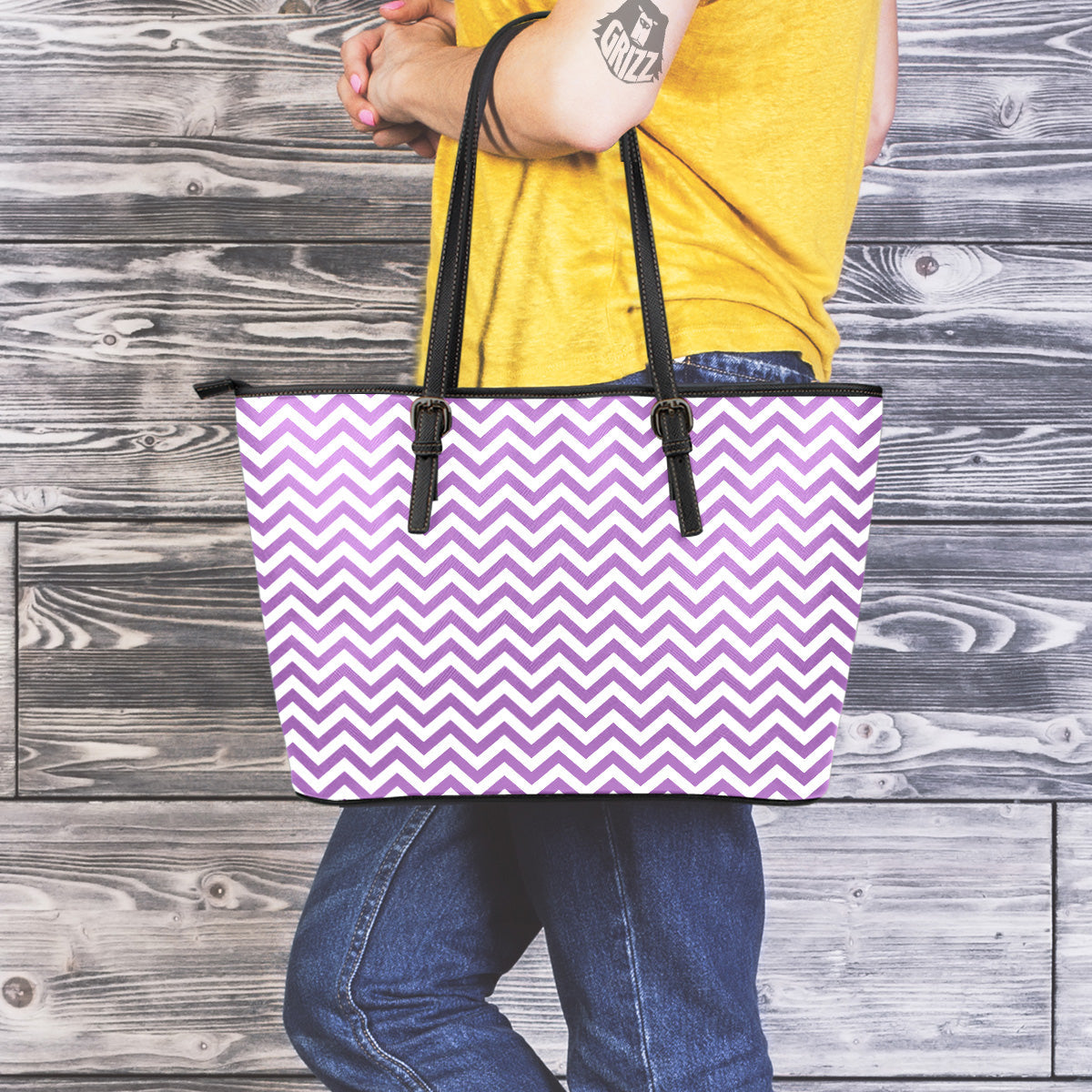 Violet Purple Zigzag Print Pattern Leather Tote Bag-grizzshop