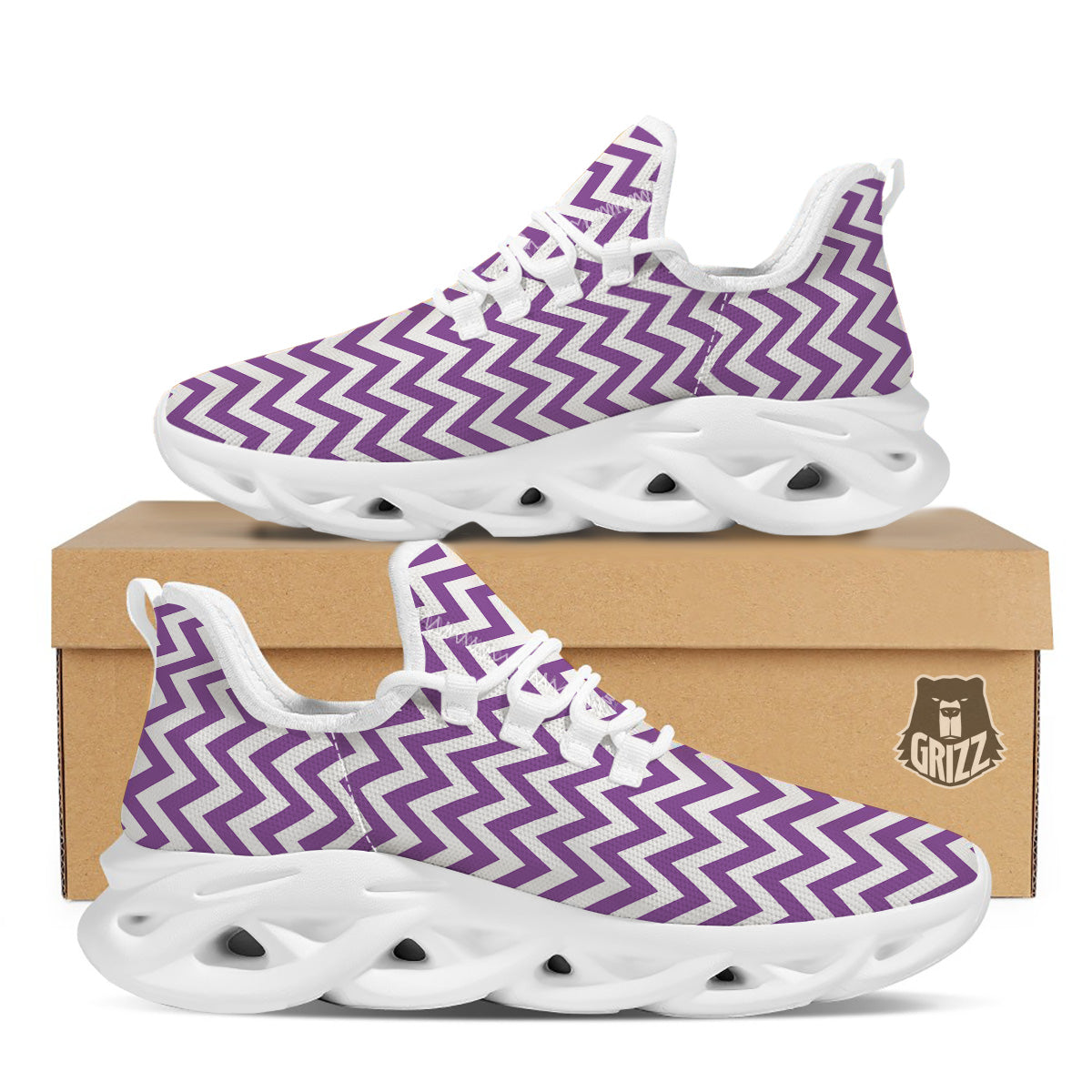 Violet Purple Zigzag Print Pattern White Running Shoes-grizzshop