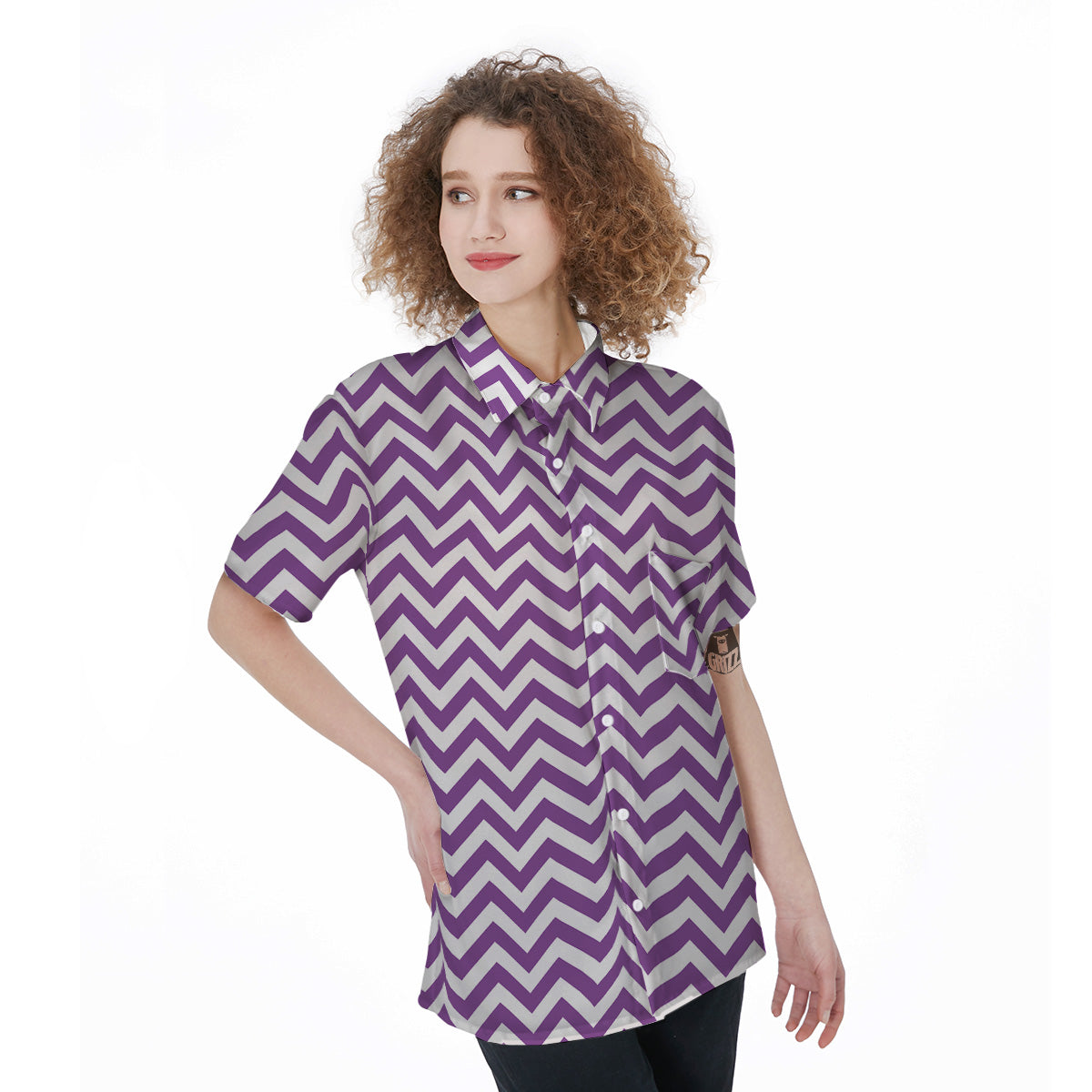 Violet Purple Zigzag Print Pattern Women's Short Sleeve Shirts-grizzshop